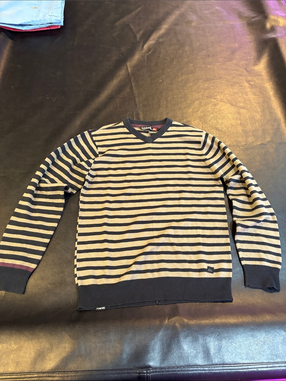 Quiksilver Beige and Navy Striped V-Neck Sweater